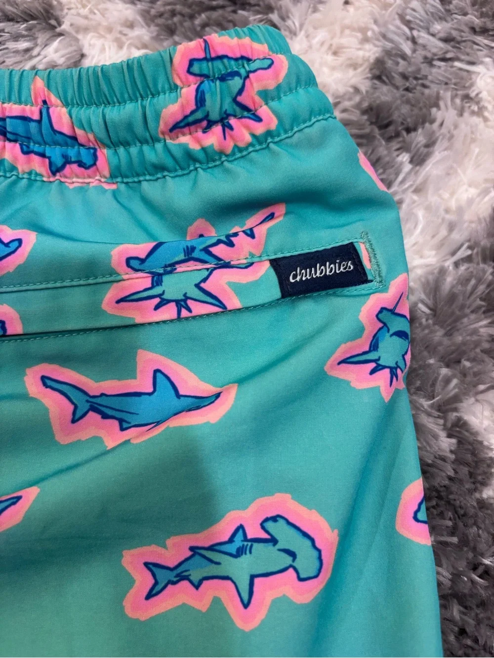 Chubbies swim shorts. Youth large 14/16. Green with sharks lined.